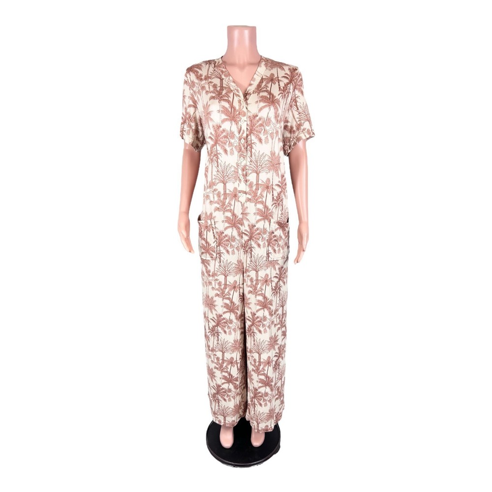 Bumblebella Dreamy Jersey Essential Wide Leg Jumpsuit Beige/Brown Palm Large Sz